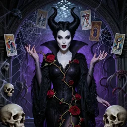 closeup portrait succubus gothic disney varga elvira maleficent rose vine medusa standing under an arcane arch during a magical seance, cthulhu, kraken, skulls, spider webs, glamour pose, moebius, gta v, dan mumford, mucha, nagel, tarot card, d & d, new art nouveau, greg rutkowski,