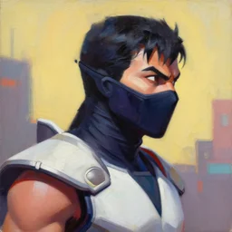greg manchess portrait painting of mileena from mortal kombat wearing a mask covering her mouth as overwatch character, medium shot, asymmetrical, profile picture, organic painting, sunny day, matte painting, bold shapes, hard edges, street art, trending on artstation, by huang guangjian and gil elvgren and sachin teng