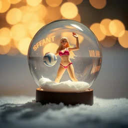 snow globe with trapped female volleyball player in bikini holding ball inside, depth of field, bokeh