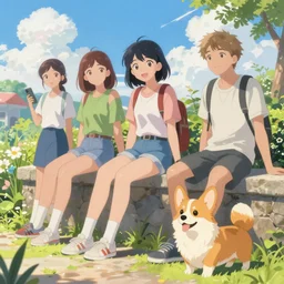 beautiful anime painting scene of sunny hiphop solarpunk teen summertime chill with corgi, by dao le trong, daniela uhlig, craig mullins, craig davison. trending on artstation, 8 k, masterpiece, graffiti paint, fine detail, full of color, intricate detail, golden ratio illustration