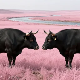 concept art by Maciej Kuciara, highly detailed, ultra realistic  two black bull stay face to face on pink a clearing with pink grass and a river long-range plan without human