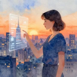 a woman becoming digital data, in the background a big city, at sunset, watercolor with orange and blue colors.