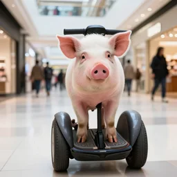 photo of a pig on a segway in a mall
