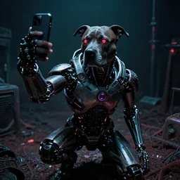 cyborg - pitbull taking a selfie, in hell, in 1 9 8 5, y 2 k cybercore, industrial low - light photography, still from a kiyoshi kurosawa movie