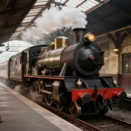 a steam train in a train station, steampunk style