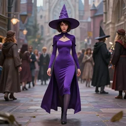 young beautiful short woman in form fitting slim purple witch robes and pointy hat at a crowded magical university, full body shot unreal engine hyperreallistic render 8 k character concept art masterpiece digital art by greg rutkowski, simon stalenhag, trending on artstation, cgsociety