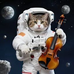 a cat astronaut in space, holding a violin