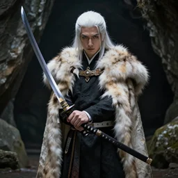 white haired sorcerer holding a katana, wearing fur cloak, in cavern