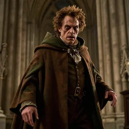 a portrait of robert downey jr as a a hideous hunchback man wearing a brown and green cloak, in the shadows, in a cathedral, dynamic lighting, 8 k hdr movie still