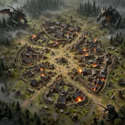 Detailed overhead Photorealistic Map of small village in magical world, war torn, fire, evil, mist, siege, battlefield, trenches, miniature, gritty, dragon, goblins, orcs, giants, forest, Greg Rutkowski, trending on Artstation