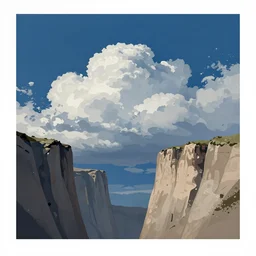 landscape 2 d by raphael lacoste and erikas perl, defined forms, beautiful cloudy deep blue sky, perfect composition, cliffs, no fog, detailed, flat ilustration, trending on artstation