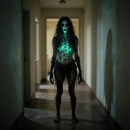 creature standing in a hallway, 1 9 4 0 s architecture, surreal photography, soft lighting, creepy, horror, macabre, bioluminescence, photography by annie leibovitz