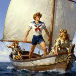 sailor on its boat, fantasy, highly detailed, digital painting, artstation, concept art, wallpaper, smooth, sharp focus, illustration, art by artgerm and greg rutkowski and alphonse mucha