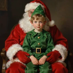 little elf boy sitting on santa's lap, art made by lois van baarle