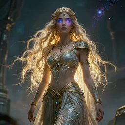 beautiful cinematic fantasy poster, a beautiful middle-eastern princess wearing a beautiful dress with flowing illuminated hair, beautiful glowing galaxy eyes, wideshot ultrawide angle epic scale, hybrid from The Elden Ring and art direction by Darius Zawadzki ;by artgerm; wayne reynolds art station; cinematic quality character render; low angle; ultra high quality model; production quality cinema model;