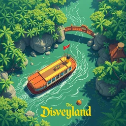 aerial view of the jungle cruise riverboat in a river in adventureland disneyland, poster art, concept art, colorful, 2 d, flat style, nautical navigation map