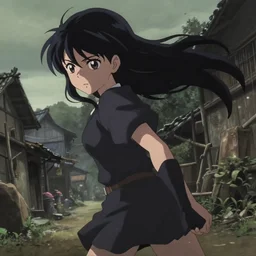 key anime visual portrait of a young female in a village, dynamic pose, dynamic perspective, cinematic, dramatic lighting, muted colors, detailed silhouette, textured, finely detailed eyes, anime proportions