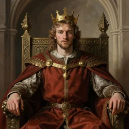 attractive bradley james as king arthur pendragon, sat in his throne, big arches in the back, very detailed face, natural lighting, path traced, highly detailed, high quality, digital painting, by gaston bussiere, j. c. leyendecker
