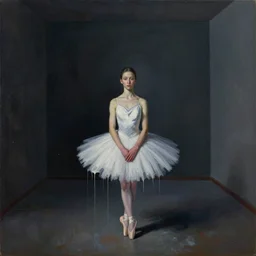 young ballerina in a big dark room, painted in style of marlene dumas, andreas gursky, pat steir, oil painting, dripping paint, intricate details, lonely, psychologic, melancholic, symmetrical face, hyper detailed, rendered in octane, cg society contest winner, altermodern