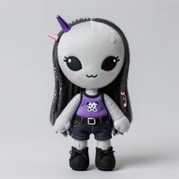 cute punk alien girl, grey alien, fashion doll, fabric doll, cartoony, smiling