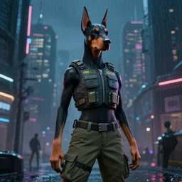 female furry anthro doberman, bullet proof vest, cargo pants. cyberpunk city, night, rain. hyper detailed, dynamic background, digital art, trending in artstation, cinematic lighting, studio quality, smooth render, unreal engine 5 rendered, octane rendered, art style by klimt and nixeu and ian sprigger and wlop and krenz cushart