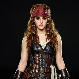 emma watson as a steampunk pirate for a new movie directed by james gunn, photo from a promo shoot, studio lighting, black background