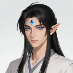 male black haired elf, blue eyes, blue crystal in forehead, artstation, style of jesper ejsing, by rhads, makoto shinkai and lois van baarle, ilya kuvshinov, ossdraws