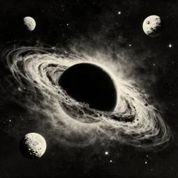 black hole with albert einstein drifting in space, vintage