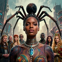 realistic detailed closeup portrait movie shot of a beautiful black woman with a giant spider, dystopian city landscape background by denis villeneuve, amano, yves tanguy, alphonse mucha, max ernst, kehinde wiley, ernst haeckel, caravaggio, roger dean, cyber necklace, rich moody colours, sci fi patterns, wide angle