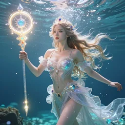 a beautiful female human god of light character, character is in all its glory under the water, character is centered on the image, character is holding magic weapon, rim lights, highly detailed professional photo, dynamic lights, particles and crystals are flying, very deep depth of field, trending on artstation, illustration, hyper realistic, vray caustics, super detailed, colorful accents, cinematic shot