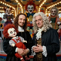 a colorful portrait photograph of leonardo da vinci and isaac newton playing in a amusement park, with diabolical cursed creepy dolls, poppy playtime style, with crazy laughs and crazy eyes, taken by martin parr, saturated colour photo kodachrome