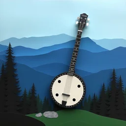 a banjo emerging behind the blue ridge mountain range, paper art