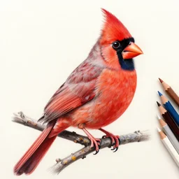 Intricate five star Cardinal perched on a branch portrait, Colored pencil on paper, high detail, skin texture, photo realistic, hyperrealism,matte finish, high contrast, 3d depth, masterpiece, vivid and vibrant colors, high contrast, Prismacolor Pencils,artstationhd