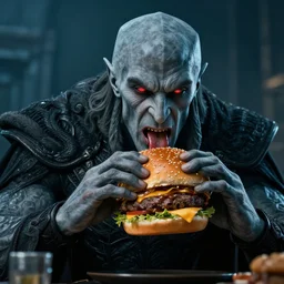 Sauron eating a cheeseburger, photo realistic, award-winning, highly-detailed, epic, cinematic, dramatic