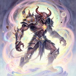 side profile, chaotic golem god of destruction, demon armor, gloomhaven, luminescent, colorful swirly magic ripples, pastel colors, by greg manchess, huang guangjian, gil elvgren, sachin teng, greg rutkowski, jesper ejsing, ilya kuvshinov