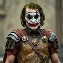 cinematic shot of the joker wearing ancient roman soldier armor, 8 k, very detailed, very intricate,