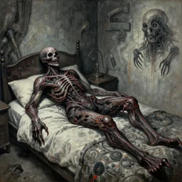 a scary presence is lying on my bed, it occupies the whole room and it is ruthless, it is made of unknown materials, insanely detailed, sci - fi, abstract horror, in the style of james ballard, painted by max ernst
