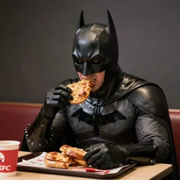A still of Batman eating at KFC, 4k, photograph, ultra realistic, highly detailed, studio lighting
