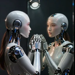 an emotionless android looking into the mirror wishing she was pretty, realistic reflections, studio lighting, digital photography