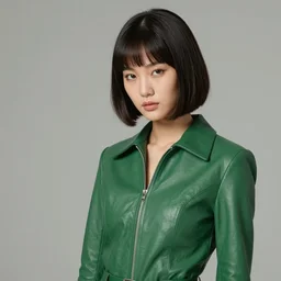 youthful asian blade runner demure, exquisite features, feminine cut, 1 9 7 0's frontiers in flight green leather suit,