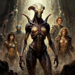 exquisite imaginative alien creature poster art, humanoid, movie art, by lucusfilm, weta studio, tom bagshaw, alphonso mucha, james jean, frank frazetta, 8 k, denoised