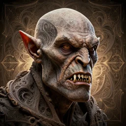 full portrait of an orc of fractals and patterns, wrinkled face, razor sharp teeth, hyper - detailed, background intricate and detailed, ornate 8 k gorgeous intricate detailed, octane render, backlit, global illumination