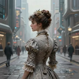 portrait of a victorian lady in a futuristic city, from behind, streets, beautiful, highly detailed, digital painting