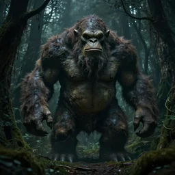 a giant cave troll in a scary forest in the style of lord of the rings, 8 k, moody lighting, shallow depth of field, raytracing,