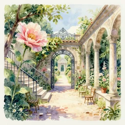 courtyard walkway in an overgrown castle, sunny, stairway, chairs, wrought iron gate, tree, delicate, botanic garden, garden road, temple in a botanical herbarium paper, watercolor colored painting, iridescent colors, 8 k, realistic shaded, fine details, artstation, italian style, colonnade, huge flower
