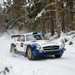 a 1 9 5 5 mercedes - benz 3 0 0 slr, racing through a rally stage in a snowy forest