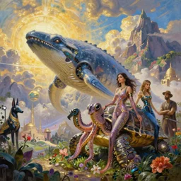 fantasy oil painting, great leviathan, cybernetic turtle cephalopod terrapin reptilian pachyderm squid, bella hadid, hybrid, milla jovovich, anubis epic islamic city, natural light, lush plants flowers, spectacular mountains, bright clouds, luminous sky, outer worlds, golden hour, michael cheval, edward hopper, michael whelan, hd