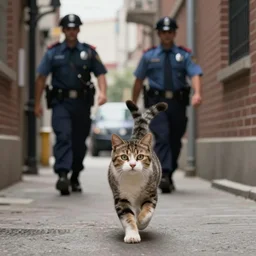 cat running from police into an alley, high quality, photograph, studio lighting