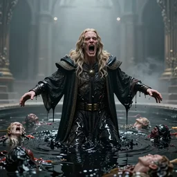 baron harkonnen floats above a pool of the mods of stable diffusion immersed in black oil, screaming, as parts of the bodies melt into the oil like sludge, designed by moebius yasushi nirasawa, hdr, 8 k, bokeh, octane render, mist, sanitarium hrgiger background