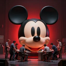 photorender of many workers operating big mickey mouse head, low light, glowing red light behind, highly detailed 4 k intricate art, unreal engine, concept art, digital art, beeple, cgsociety, octane render, realistic, sharp focus, smooth, greg rutkowski, alphonse mucha